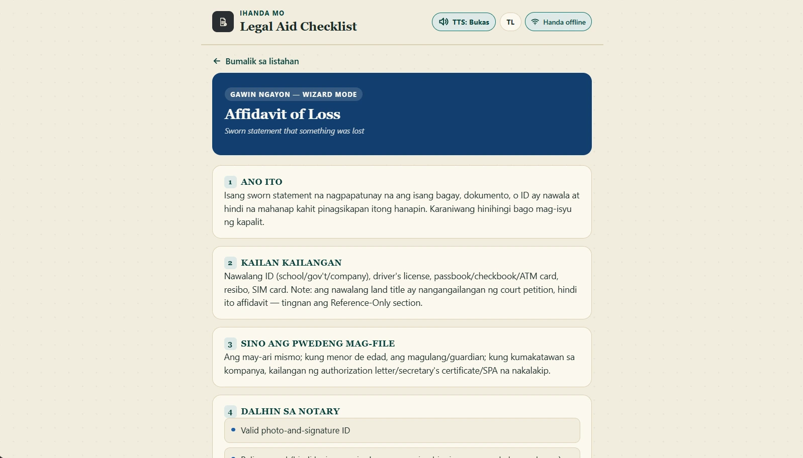 Legal Aid — Document example in Tagalog